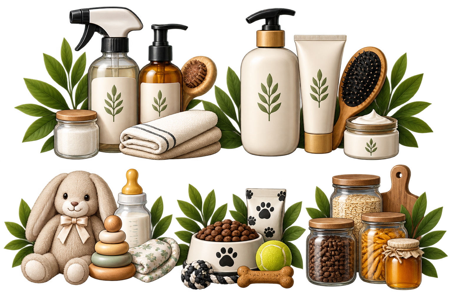 Household, personal care, family and baby, pet, and pantry essentials
